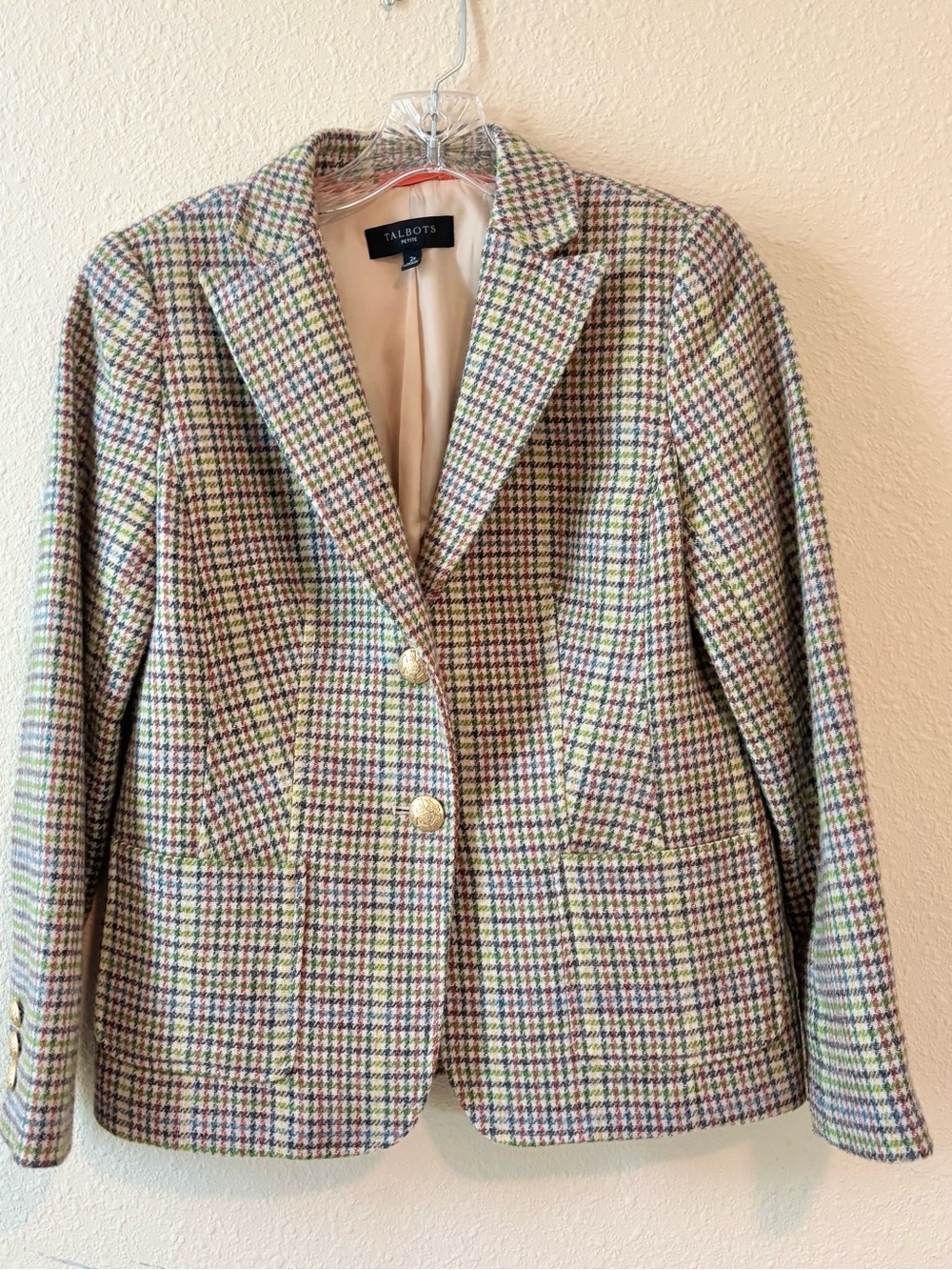 Talbots Multicolor Houndstooth Blazer with Gold Buttons, Size 2P